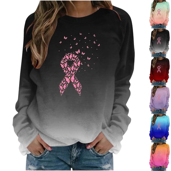 Jinhomg Breast Cancer Awareness Sweatshirt for Women Trendy Pink Ribbon Gradient Sweatshirts Fall Cozy Long Sleeve Crewneck Tshirts Purple L