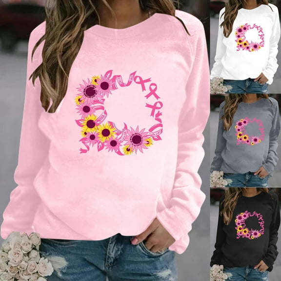 Jinhomg Breast Cancer Tee Shirts for Women Fashion long Sleeve Ribbon Sunflower Print Sweatshirt Casual Loose Fall Winter Holiday Tops Pink XL