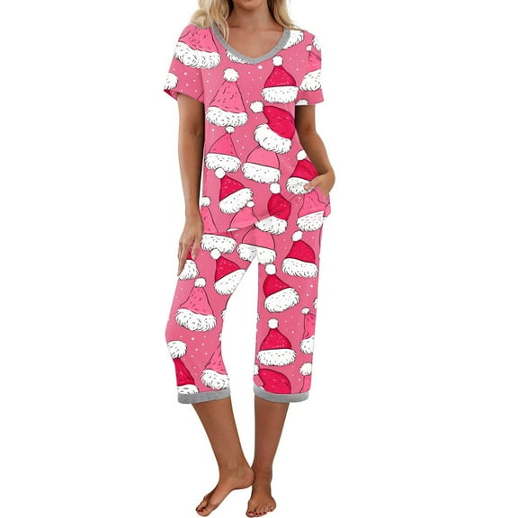 Jinhomg Breathable Pajama Set for Women 2 Piece Cute Floral Graphic Nightwear Loose Fit Comfy Long Sleeve Button Down Tops with Elastic Waist Pants Winter Saving Pink XXL