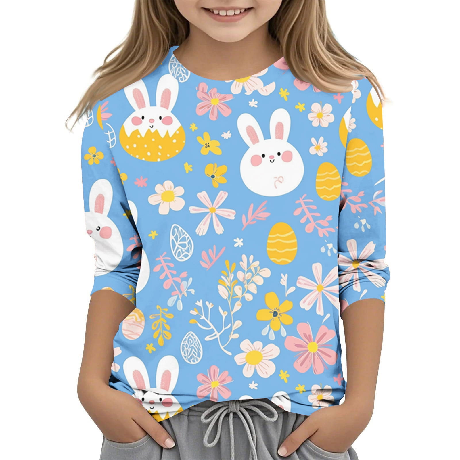 Jinhomg Bunny T Shirts for Girl Oversized Comfy Short Sleeve Crew Neck Tees Lightweight Casual Easter Day Tops Toddler Kids 2025 Holiday Outfits Kid Blue 11 Years