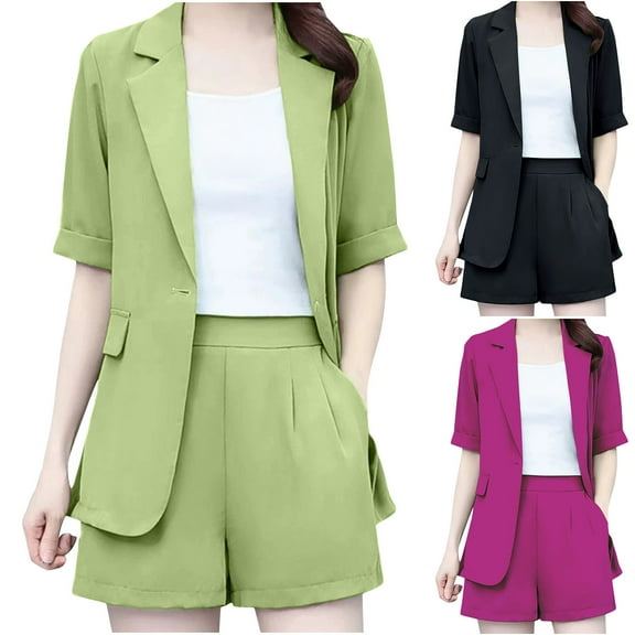 Jinhomg Business Sets for Women 2 Piece Summer Office Short Suits Dressy Casual Notched Lapel One Button Blazer Jacket with Dress Shorts Green M