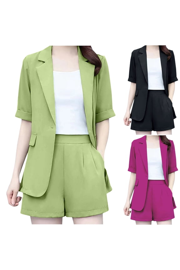 Business Sets for Women 2 Piece Summer Office Short Suits Dressy Casual Notched Lapel One Button Blazer Jacket with Dress Shorts Hot Pink XL