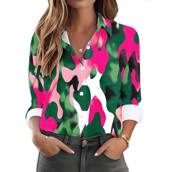 Jinhomg Button Down Shirts for Women Dressy Casual Floral Printed V-Neck Blouse Lightweight Comfy Long Sleeve Business Work Tops Sales Today Multicolor L