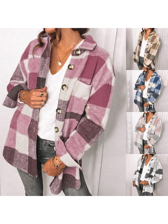 Button Down Jacket for Women 2025 Trendy Buffalo Plaid Print Shacket Fall Winter Comfy Flannel Button Down Shirt Jackets Daily Wear Summer Saving Blue S