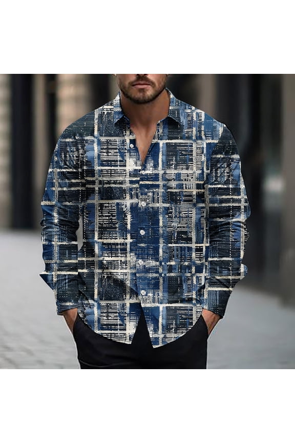 Button Down Shirt for Men Vintage Plaid Print Casual Shirt Loose Fit Comfy Long Sleeve Lapel Collar Shirts Going Out Wear Blue XXL