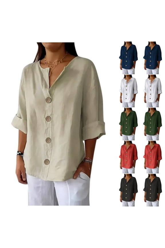 Button Down Shirts for Women Lightweight Breathable Cotton Linen Blouses Plus Size Comfy 3/4 Sleeve V-Neck Tops 2025 Casual Vacation Beachwear Women Army Green XXL