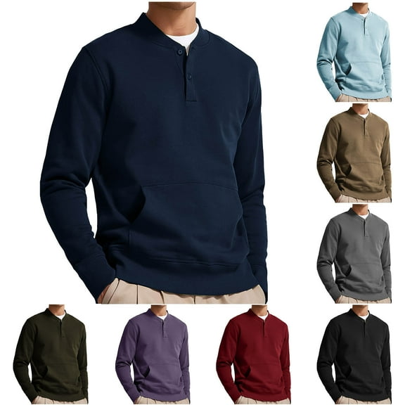 Jinhomg Button Up Sweatshirt for Men Dressy Casual Solid Color Spring Tops Big and Tall Comfy Long Sleeve Kangaroo Pocket Pullover Business Work Wear Deal of The Day Clearance Gray XXXXL