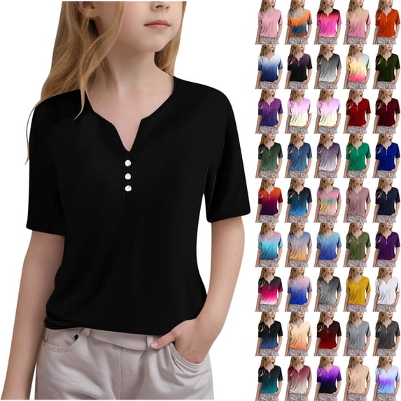 Jinhomg Button V-Neck Shirts for Girls Dressy Casual Solid Tops Lightweight Comfy Short Sleeve Spring Summer Pullover Daily Wear Hot Pink