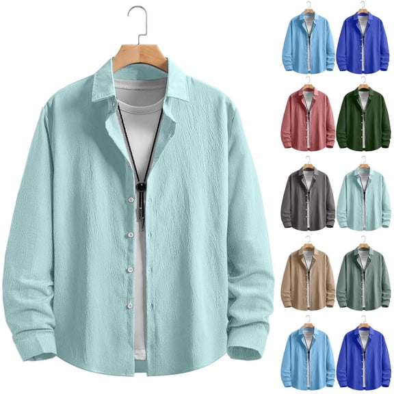 Jinhomg Buttons Down Shirts for Men Cotton Henley Sun Shirts Solid Color Breathable Lightweight Linen Blouse Shirt with Pocket Khaki,M