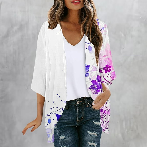 Jinhomg Cardigan for Women Flowy Comfy Open Front 3/4 Sleeve Cardigans Lightweight Casual Floral Print Chiffon Shirts Loose Fit Cover-Up Top Fall Saving Multicolor XXL