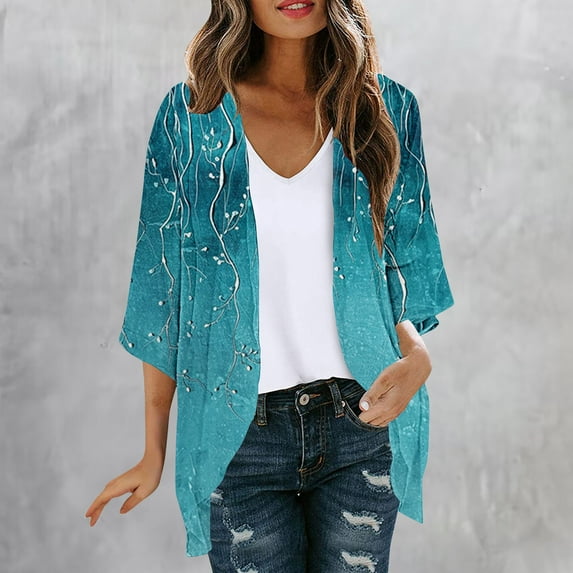 Jinhomg Cardigan for Women Flowy Comfy Open Front 3/4 Sleeve Cardigans Lightweight Casual Floral Print Chiffon Shirts Loose Fit Cover-Up Top Seasonal Sale Multicolor XXXXXL