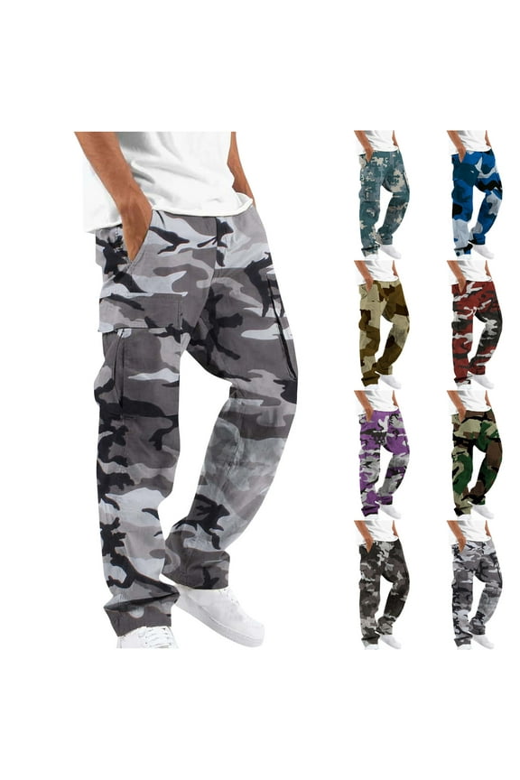 Cargo Pants for Men Casual Camo Print Thin Hiking Trouser Relaxed Fit Drawstring Work Pant Multi Pockets Fit Tactical Pants Light Blue,XXL