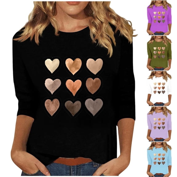 Jinhomg Casual 3/4 Sleeve Pullovers for Women Cute Heart Graphic Round Neck Tops Fall Dressy Cozy Tunic Blouse 2026 Trendy Going Out Tee shirts Sky Blue XXXL
