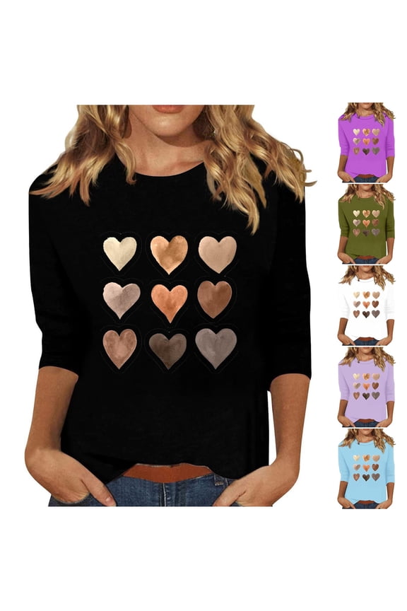 Casual 3/4 Sleeve Pullovers for Women Cute Heart Graphic Round Neck Tops Fall Dressy Cozy Tunic Blouse 2026 Trendy Going Out Tee shirts Sky Blue XXXL