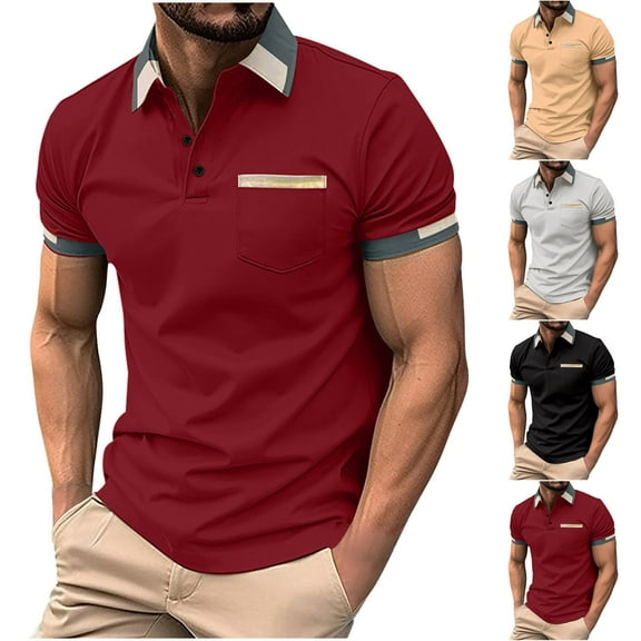 Jinhomg Casual Athletic Shirts for Men Lightweight Comfy Short Sleeve Lapel Collared Polos Shirt 2025 Trendy Plaid Print Sports Tops with Pocket Seasonal Sale Black S