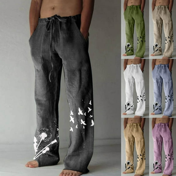 Jinhomg Casual Cotton Linen Pants for Men 2025 Trendy Dandelion Graphic Beach Pant Baggy Comfy Elastic Waist Trousers with Drawstring L