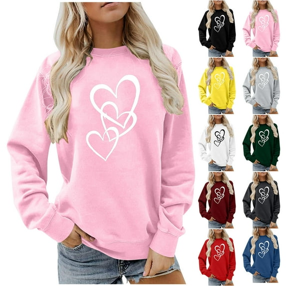 Jinhomg Casual Crewneck Sweatshirt for Women Holiday Cute Heart Print Loungewear Tops Fall Lightweight Comfy Long Sleeve Sweatshirts Wine L