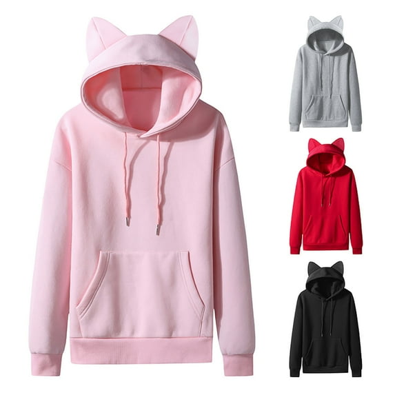 Jinhomg Casual Hoodies Pullover for Men Cute Ears Basic Solid Color Hooded Sweatshirt Pullover with Pocket Pink,S