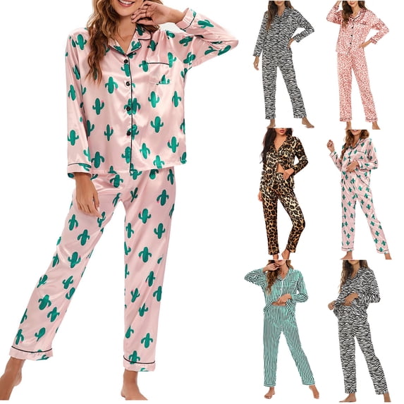 Jinhomg Casual Leopard Pajamas for Women 2 Piece Trendy Printed Loungewear Comfy Long Sleeve Button Down Tops and Straight Pants Sets Green M