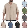 thumbnail image 1 of Jinhomg Casual Loose Shirt for Men Breathable Comfy Cotton Linen Summer Tops Basic Solid Short Sleeve Button Down Beach Tops Holiday Vacation Wear Fall Saving Black L, 1 of 6