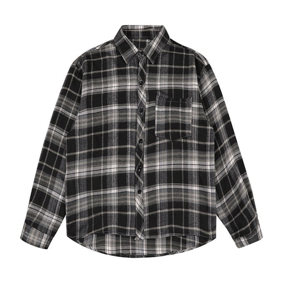 Jinhomg Casual Loose Shirts for Men Casual Plaid Print Button Down Shirts Relaxed Fit Comfy Long Sleeve Lapel Collar Shirts with Pocket Black L