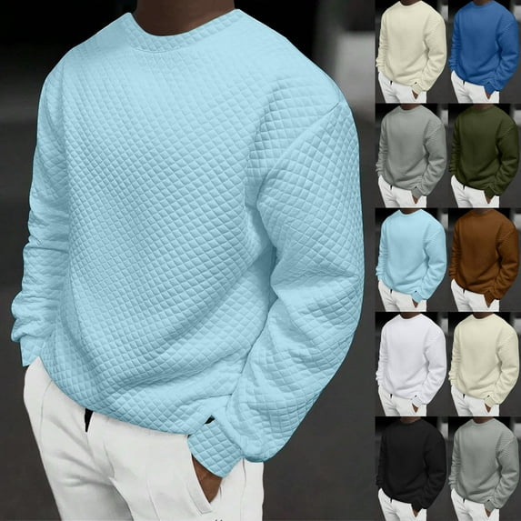 Jinhomg Casual Loose Sweatshirt for Men 2024 Trendy Solid Plaid Pullovers Relaxed Fit Comfy Long Sleeve Crew Neck Tops Daily Wear Beige XXL
