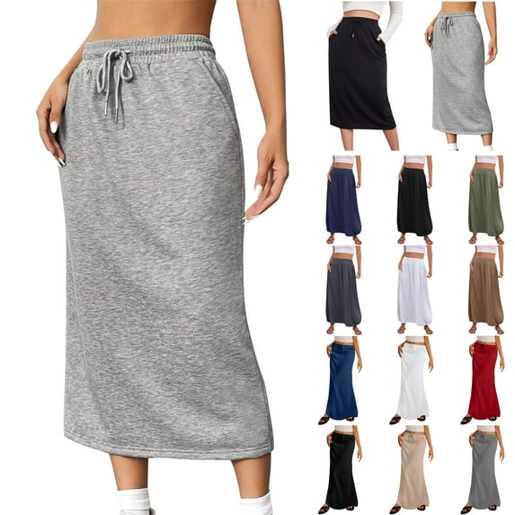 Jinhomg Casual Maxi Skirts for Women Flowy Elastic Drawstring Waist Flared Skirt Plain Solid Ankle-Length Summer Skirts 2025 Fashion Skirts Army Green S