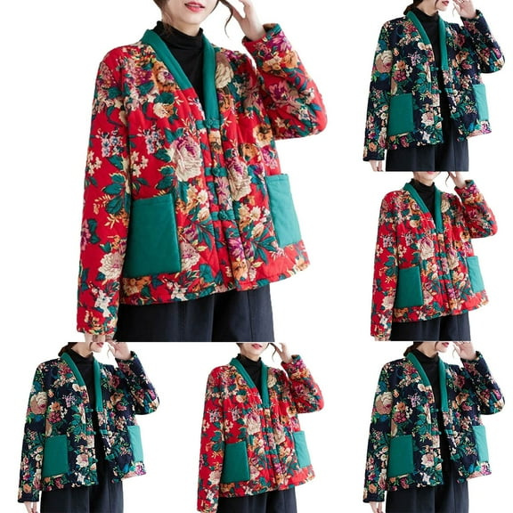 Jinhomg Casual Puffer Coat for Women Trendy Ethnic Style Floral Print Puffer Jacket Warm Comfy Long Sleeve Frog Button Outerwear with Pockets Sales Today Clearance Red M