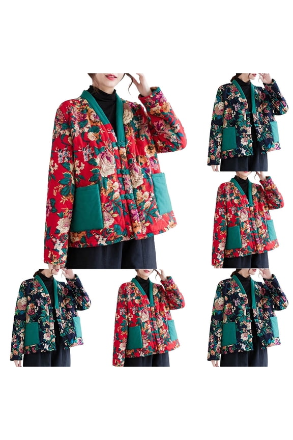 Casual Puffer Coat for Women Trendy Ethnic Style Floral Print Puffer Jacket Warm Comfy Long Sleeve Frog Button Outerwear with Pockets Sales Today Clearance Red M