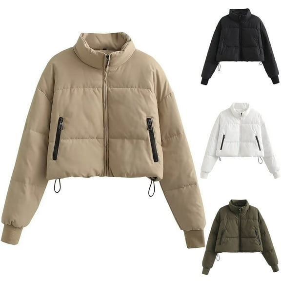 Jinhomg Casual Puffer Coat for Women Trendy Solid Zip-Up Cropped Jacket Fall Winter Lightweight Comfort Long Sleeve Stand Collar Outerwear with Zipper Pockets Army Green M