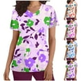 thumbnail image 1 of Jinhomg Casual Scrub Shirt for Women 2025 Fashion Floral Print Nursing Uniform Lightweight Comfy Short Sleeve V-Neck Caregiver Tops Spring Summer Workwear 90% off Clearance Sale Purple M, 1 of 6