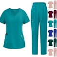 thumbnail image 1 of Jinhomg Casual Scrubs for Women Stretchy Comfy Short Sleeve V-Neck Nursing Tops and Tapered Leg Pants with Multi Pocket 2 Piece Dressy Working Uniforms 90 off Clearance Sale Blue L, 1 of 4