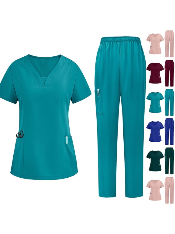 Casual Scrubs for Women Stretchy Comfy Short Sleeve V-Neck Nursing Tops and Tapered Leg Pants with Multi Pocket 2 Piece Dressy Working Uniforms 90 off Clearance Sale Blue L