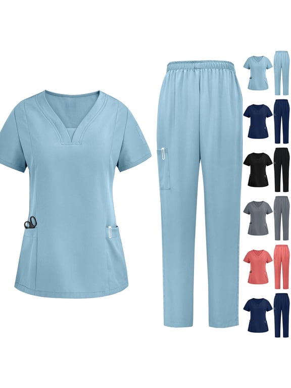 Casual Scrubs for Women Stretchy Comfy Short Sleeve V-Neck Nursing Tops and Tapered Leg Pants with Multi Pocket 2 Piece Dressy Working Uniforms Sales Today Black M