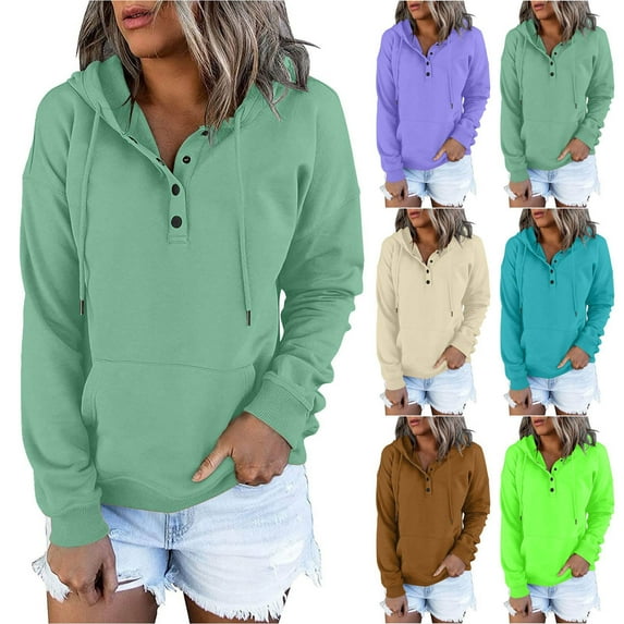 Jinhomg Casual Solid Sweatshirts for Women Comfy Long Sleeve Button Up Hoodies Lightweight Kangaroo Pocket Hooded Sweatshirt with Drawstring Green M