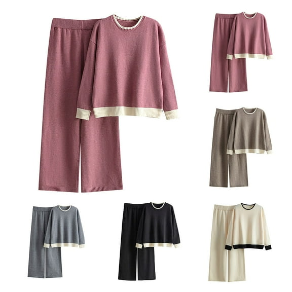 Jinhomg Casual Sweater Lounge Sets for Women 2 Piece Fall Comfy Knit Sweater Outfits Long Sleeve Crew Neck Top and Elastic Waist Pant Pink Free Size