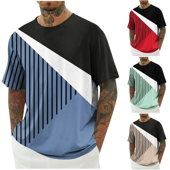 Jinhomg Casual Tee Shirts for Men 2025 Trendy Color Block Geometric Print T-Shirt Big and Tall Comfy Short Sleeve Crew Neck Tops Daily Wear 2025 Saving Blue XXL
