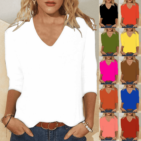 Jinhomg Casual Tops for Women Solid Color Basic Tees 3/4 Length Sleeve T-Shirt Comfy Loose Fit Fall Summer Pullover Blouse Black,S