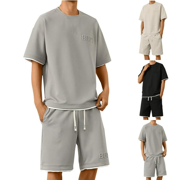 Jinhomg Casual Tracksuits for Men Big and Tall Waffle Lounge Sets 2025 Trendy Fake Two-Piece Short Sleeve T-Shirt with Elastic Drawstring Waist Shorts Black L