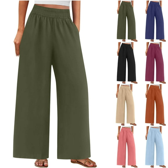 Jinhomg Casual Work Pants for Women Elegant Solid Color Wide Leg Business Trousers Lightweight Comfy Cotton Linen Elastic High Waist Pants Army Green XXL
