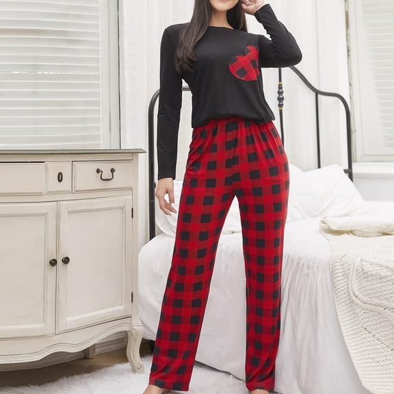Jinhomg Christmas Cute Pajama for Women Comfy Long Sleeve Heart Print Top and Plaid Pants Set 2 Piece Thin Xmas Holiday Loungewear Black M