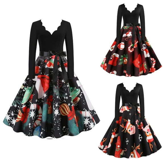 Jinhomg Christmas Dress for Women Trendy Patchwork Long Sleeve Vneck Midi Dress Funny Santa Graphic Print Tie Waist Dress Daily Wear Fall Saving Black XL