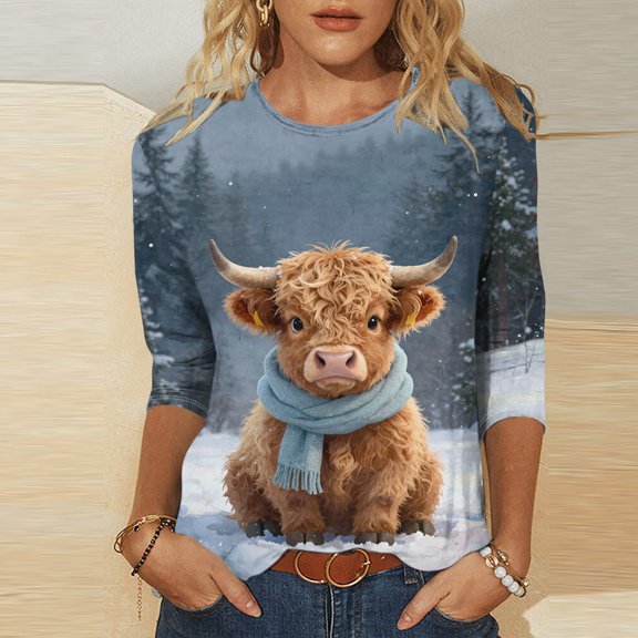 Jinhomg Christmas Highland Cow Tops for Women Crewneck 3/4 Sleeve Scarf Winter Graphic Tees