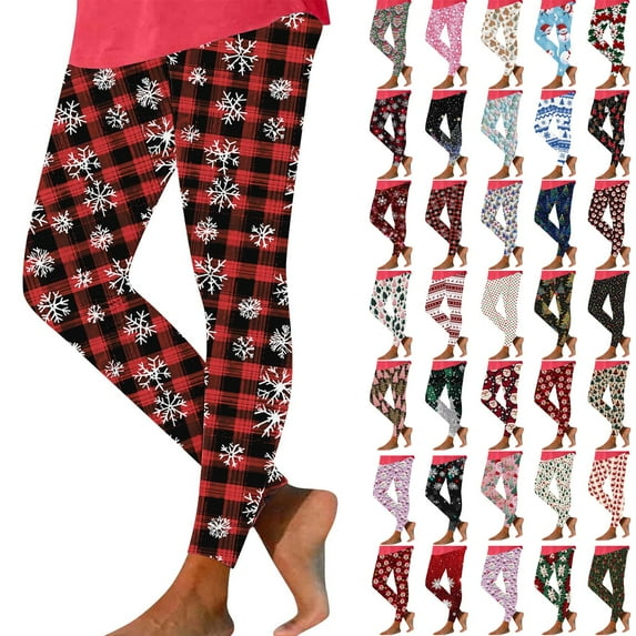 Jinhomg Christmas Leggings for Women High Waist Xmas Printed Tight Soft Stretch Running Workout Leggings Solid Color Tummy Control Yoga Pants Red,S