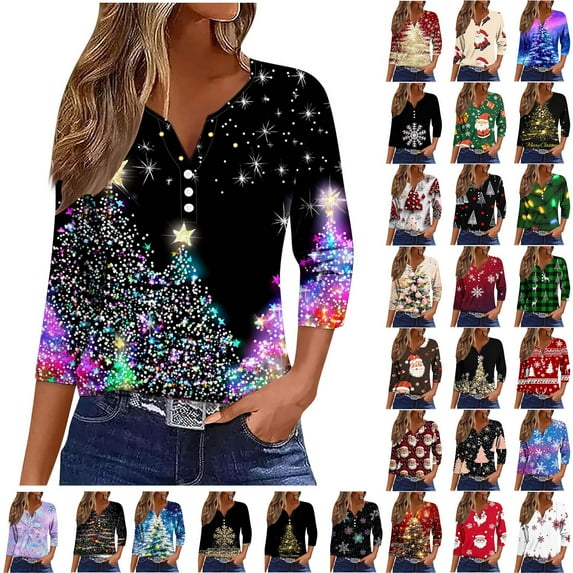 Jinhomg Christmas Shirts for Women 3/4 Sleeve Xmas Printed Tops Button Up V Neck Blouse Holiday Party Tshirt Rebajas de invierno Multicolor S