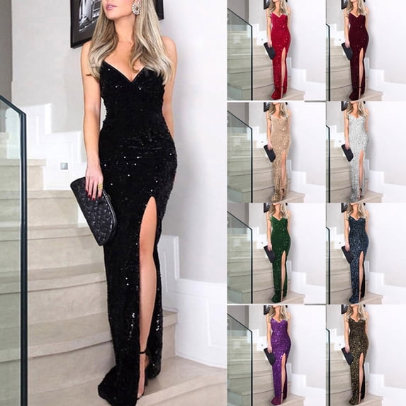 Jinhomg Cocktail Dress for Women Evening Party Glitter off Shoulder Sequin Dresses Elegant Sleeveless V-Neck formal Dress 2025 Side Split Gown Dresses Wine L