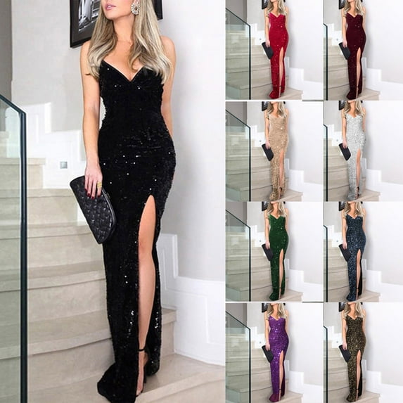 Jinhomg Cocktail Dress for Women Evening Party Glitter off Shoulder Sequin Dresses Elegant Sleeveless V-Neck formal Dress 2025 Side Split Gown Dresses Wine XXL