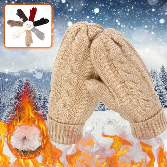 Jinhomg Cold Weather Mittens for Women and Men Thick Warm Cable Knitted Mittens Winter Thermal Cozy Full Finger Driving Biking Gloves Seasonal Sale Khaki Free Size