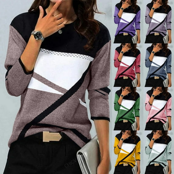 Jinhomg Color Block Tops for Women Casual Long Sleeve Crewneck Patchwork T Shirts Trendy Fall Loose Tunic Tops Green,S