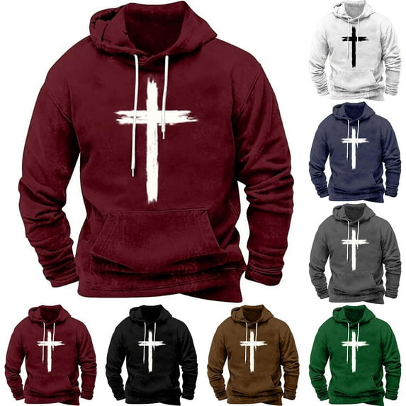 Jinhomg Comfortable Pullover Hoodie for Men 2025 Trendy Crucifix Graphic Sweatshirts Big and Tall Long Sleeve Athletic Tops with Kangaroo Pockets Sales Today Clearance Navy XXXL